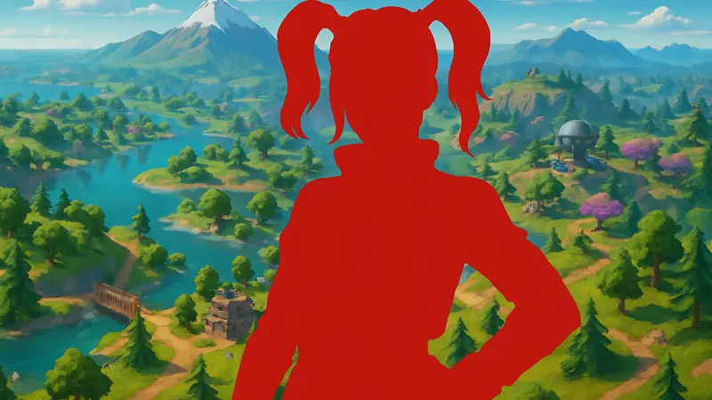 Харли Квинн в образе из Fortnite на фоне карты игры