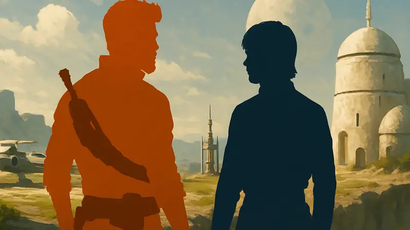 Изображение Кэла Кестиса из Star Wars Jedi: Survivor и молодого Люка Скайуокера, стоящих рядом, символизирующее их потенциальную встречу.