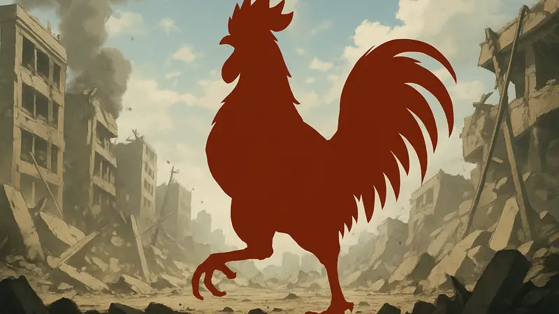 Петух-боец из аниме Rooster Fighter в героической позе с разрушениями на фоне