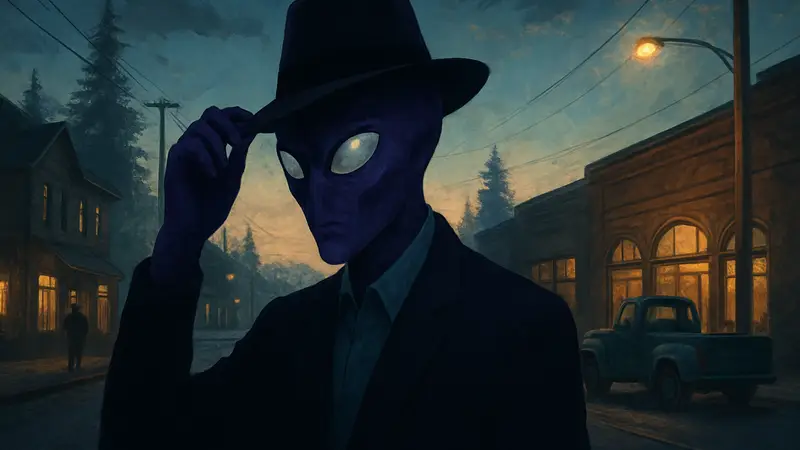 Обложка игры Shinehill, на которой изображен инопланетянин, маскирующийся под человека.