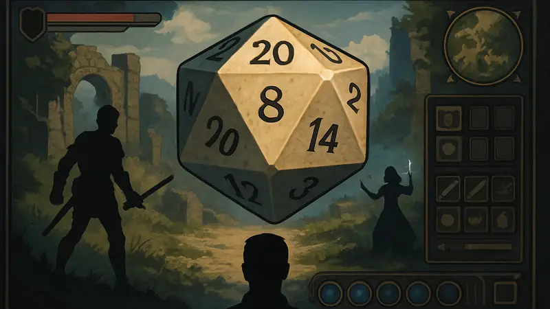 Изображение игральной кости D20 на фоне цифрового игрового интерфейса RPG.