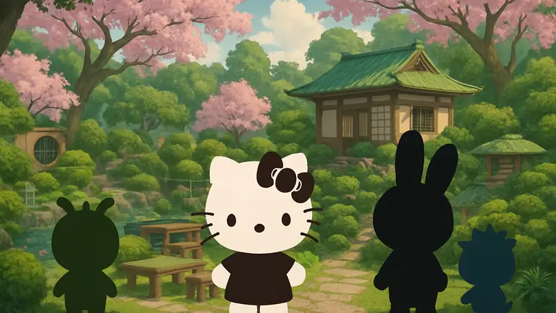 Игровые персонажи Hello Kitty Island Adventure на фоне чайного сада