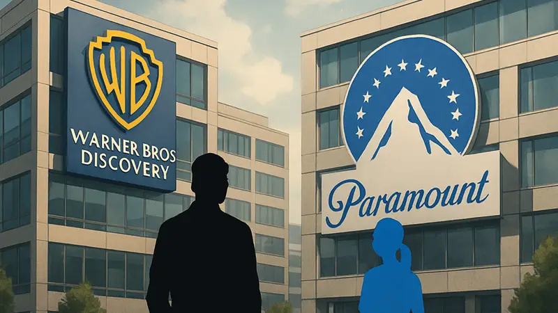 Логотипы Warner Bros. Discovery и Paramount на фоне корпоративных офисов медиахолдингов