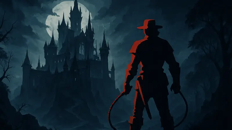 Логотип Castlevania: Belmont's Curse с изображением охотника на вампиров, на фоне мрачного готического замка.