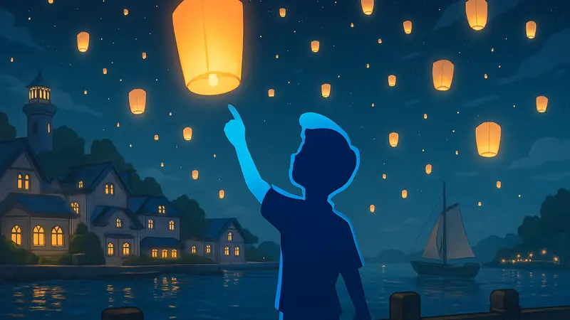 Игрок участвует в событии "Морской Сентимент" в Heartopia, выпускает сияющие фонари.