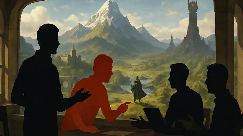 Фанаты Властелина колец, обсуждающие новую ролевую игру с открытым миром, стилизованную под Средиземье. Слухи об играх LOTR.