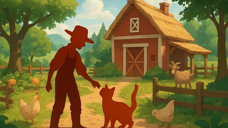 Иллюстрация из уютной видеоигры, показывающая персонажа на ферме с милыми животными