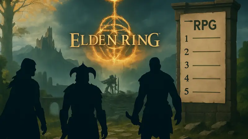 Скриншот из RPG игры, логотип Elden Ring, персонажи Skyrim, список лучших RPG