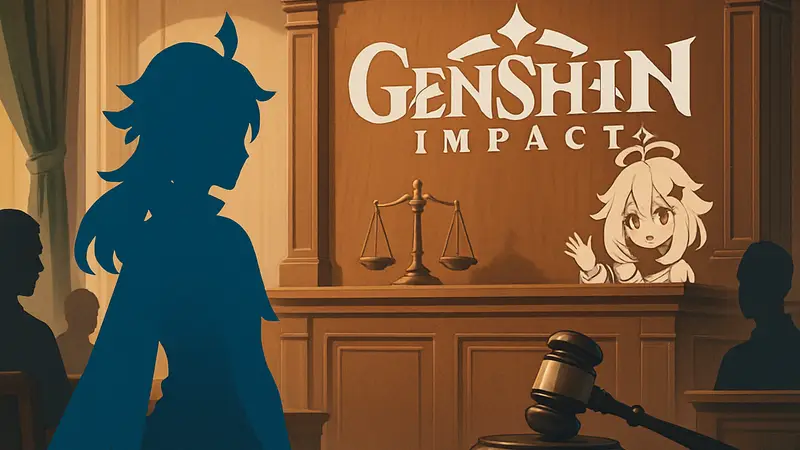 Genshin Impact: логотип игры или изображение персонажа на фоне судебной тематики