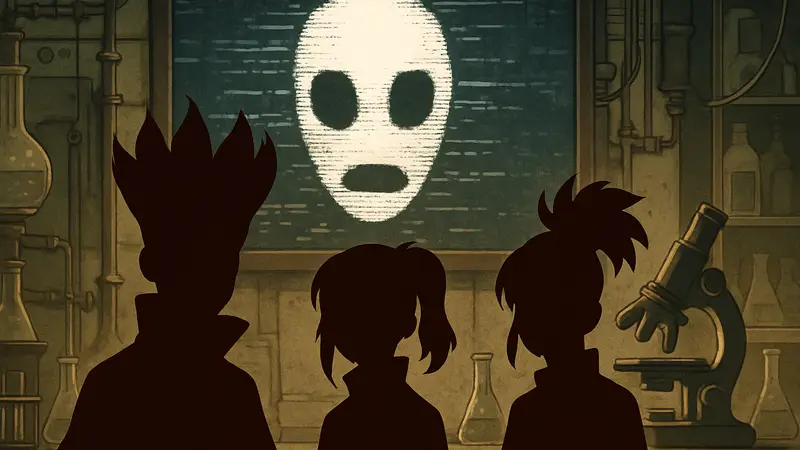 Главные герои аниме Dr. Stone и изображение персонажа Why-Man на фоне научного оборудования.