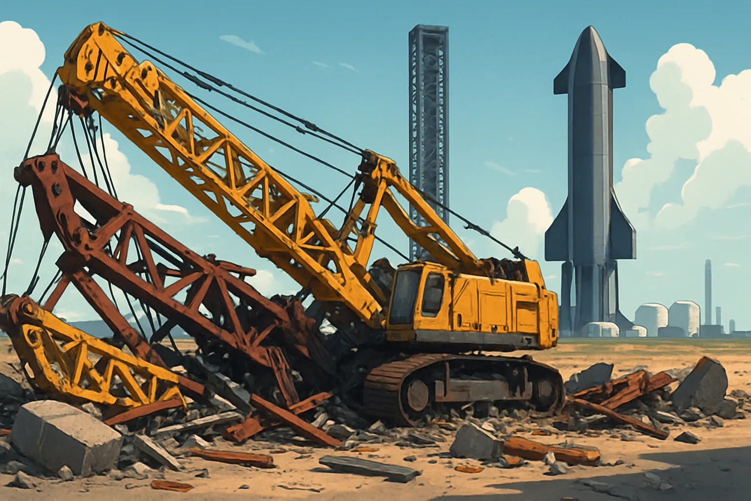 Обломки гидравлического крана на космодроме Starbase компании SpaceX, символизирующие нарушения техники безопасности.