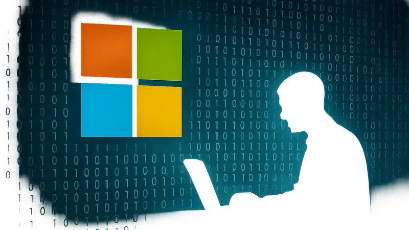 Изображение логотипа Microsoft на фоне бинарного кода, символизирующее исправление уязвимостей с помощью ИИ.