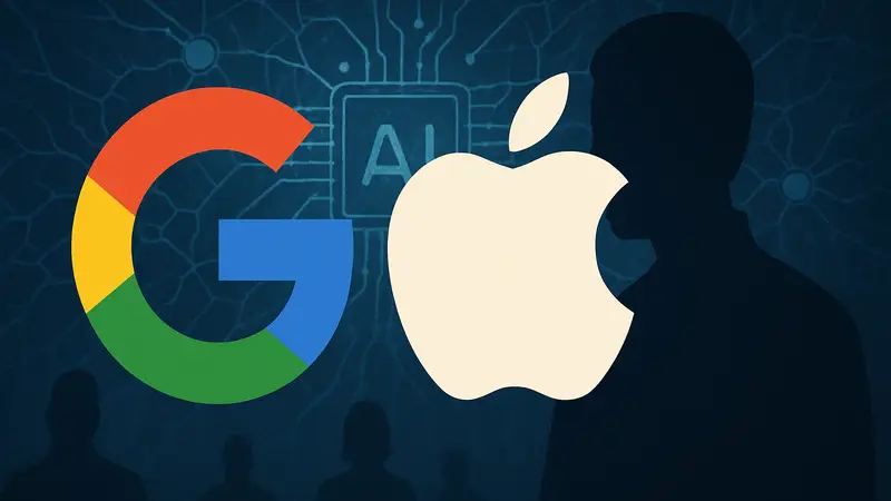 Логотипы Google и Apple, переплетенные или расположенные рядом, на фоне нейронной сети или символов AI.
