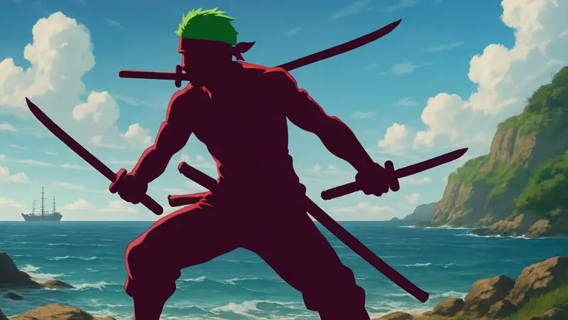 Зоро из One Piece с тремя мечами, готовый к бою на фоне морского пейзажа.