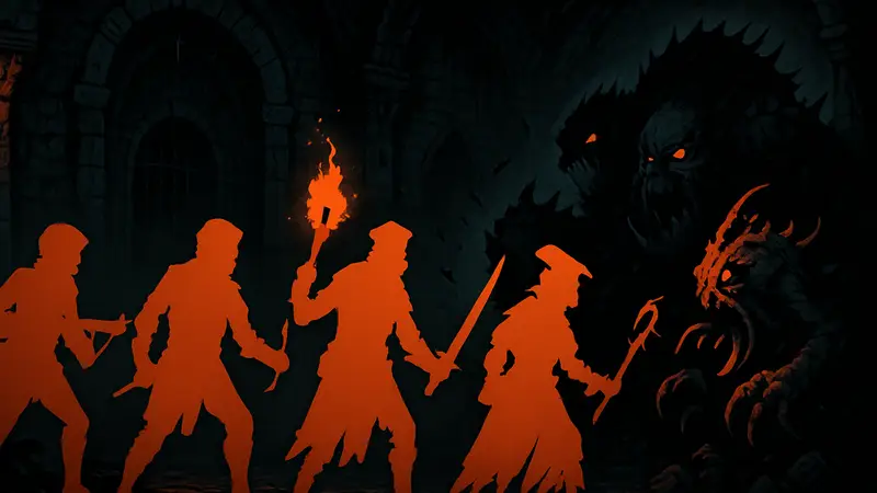 Герои Darkest Dungeon готовятся к сражению с монстрами в мрачном подземелье