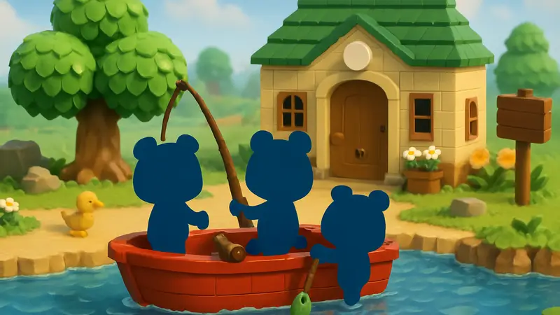 LEGO набор "Веселый денек Тимми и Томми" из Animal Crossing, с минифигурками Тимми и Томми, рыбачащими на красной лодке.