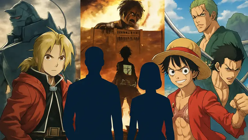 Изображение демонстрирует коллаж из постеров известных аниме, таких как Fullmetal Alchemist и Attack on Titan.