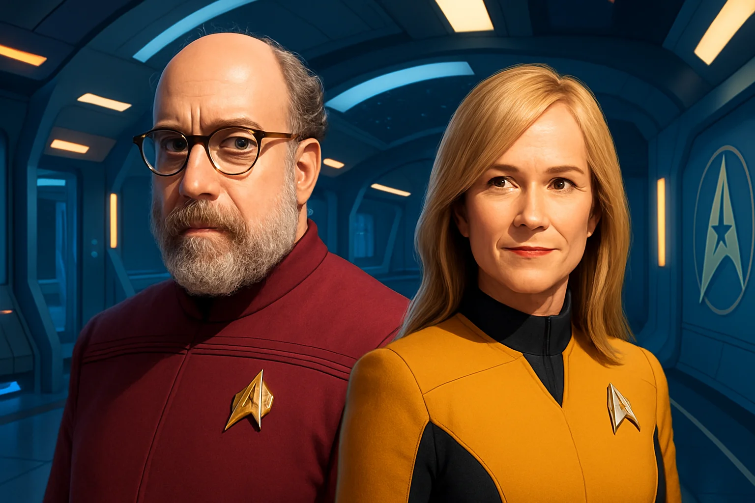 Актеры Пол Джаматти и Холли Хантер в образах своих персонажей из Star Trek: Starfleet Academy