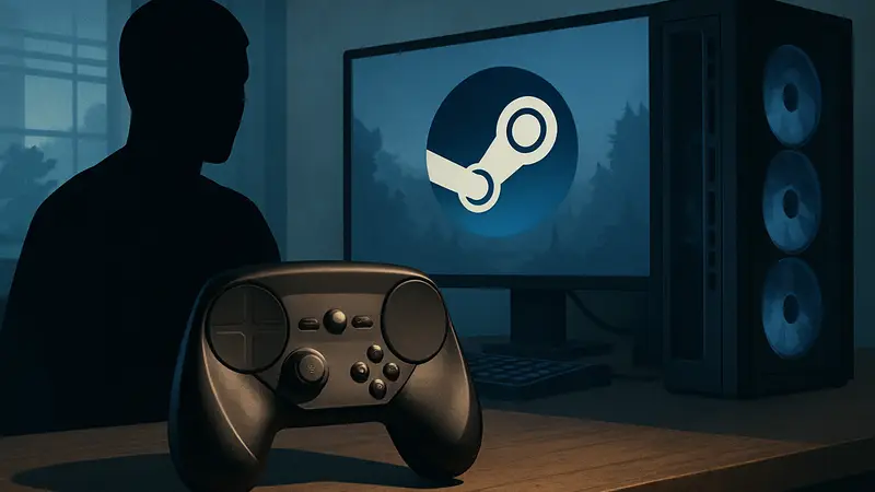 Valve Steam Controller на столе, рядом игровой ПК и монитор.