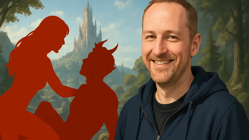 Майкл Даус из Larian Studios улыбается, намекая на «горячие» моменты из трейлера Divinity.