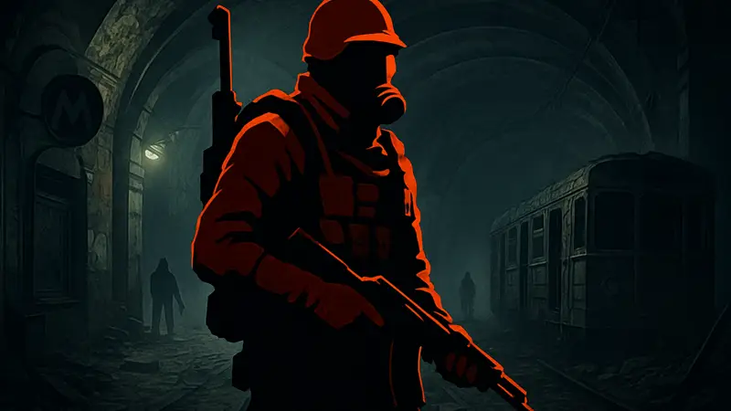 Изображение персонажа Охотника из серии игр Metro в темной постапокалиптической обстановке