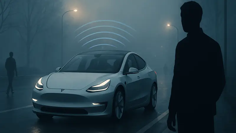 Автомобиль Tesla с системой автопилота Full Self-Driving на дороге