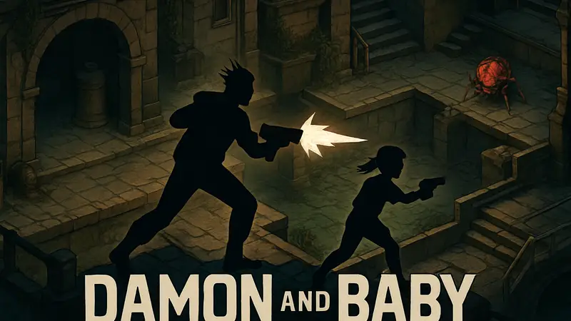 Логотип DAMON and BABY на фоне изометрического игрового процесса шутера с элементами метроидвании