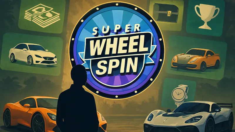 Изображение Super Wheelspin в Forza Horizon 6, фон с разнообразными наградами и гоночными автомобилями.