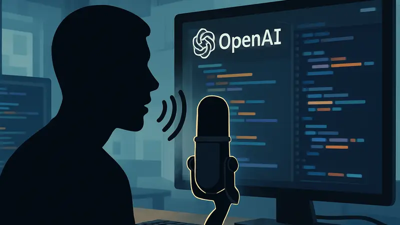 OpenAI GPT-Live: иллюстрация голосового управления ИИ в среде кодинга с микрофоном и кодом