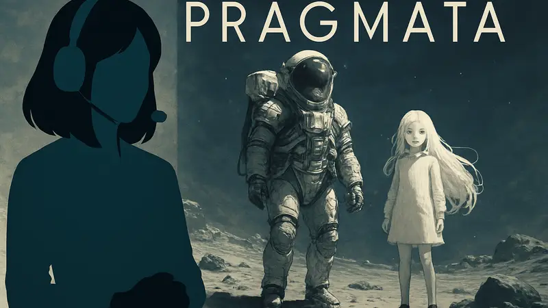 Нао Тояма, актриса озвучки, на фоне логотипа игры Pragmata и персонажа Дианы