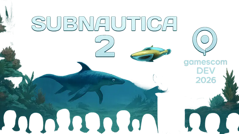 Логотип Subnautica 2 и эмблема Gamescom Dev 2026, символизирующие обсуждение разработки игры.