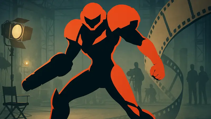 Самус Аран из Metroid в боевой позе, на фоне киноленты или съемочной площадки