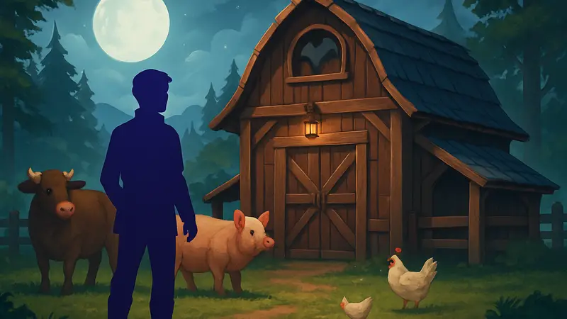 Игрок в Moonlight Peaks рядом с построенным деревянным хлевом и фермерскими животными.
