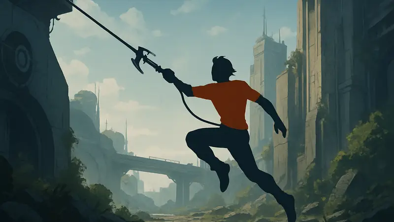 Персонаж использует крюк-кошку в Saros, механика захвата.