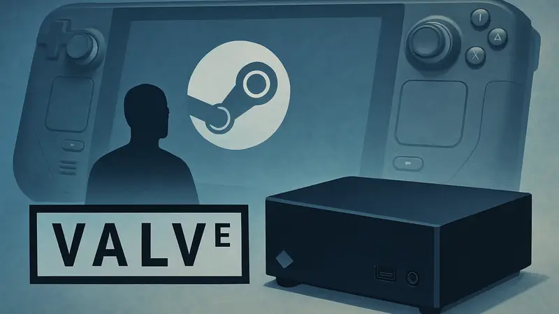 Логотип Valve и схематичное изображение Steam Machine на фоне Steam Deck