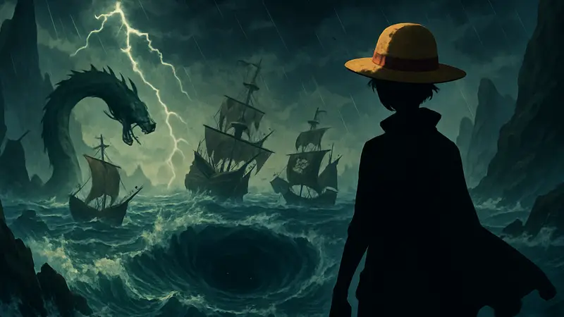 Художественное изображение Смертельного моря из One Piece с кораблями и опасностями