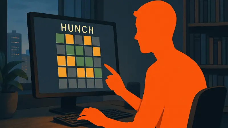 Игрок решает сложную головоломку Hunch, похожую на Wordle, на экране компьютера.