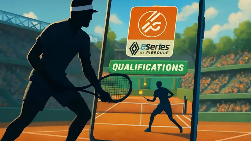 Логотип Roland-Garros eSeries by Renault на фоне скриншота из мобильной игры Tennis Clash, анонсирующей квалификации.
