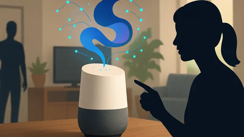 Изображение умной колонки Google Home Speaker с элементами ИИ Gemini, демонстрирующее интерактивность.