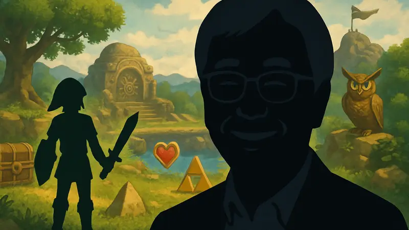 Такаши Тезука, легендарный разработчик The Legend of Zelda, улыбается на фоне игровых элементов Zelda.