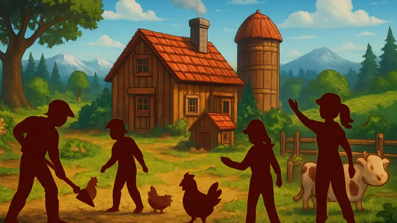 Обложка игры Stardew Valley, персонажи на ферме, возможно с акцентом на мультиплеер.