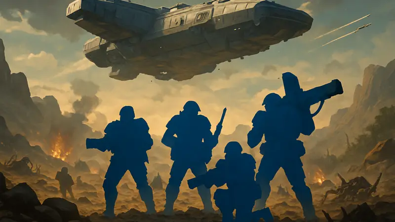 Игроки Helldivers 2 на поле боя, на фоне космического корабля, символизирующие галактическую войну и новые кампании.