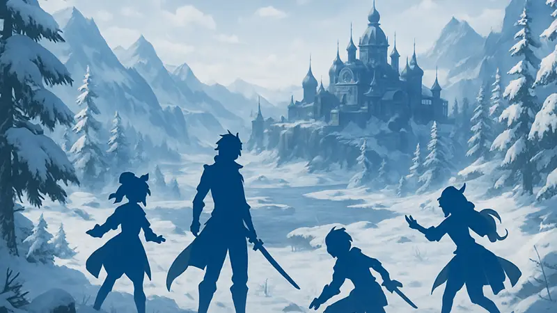 Заснеженные пейзажи региона Снежная из Genshin Impact с персонажами.