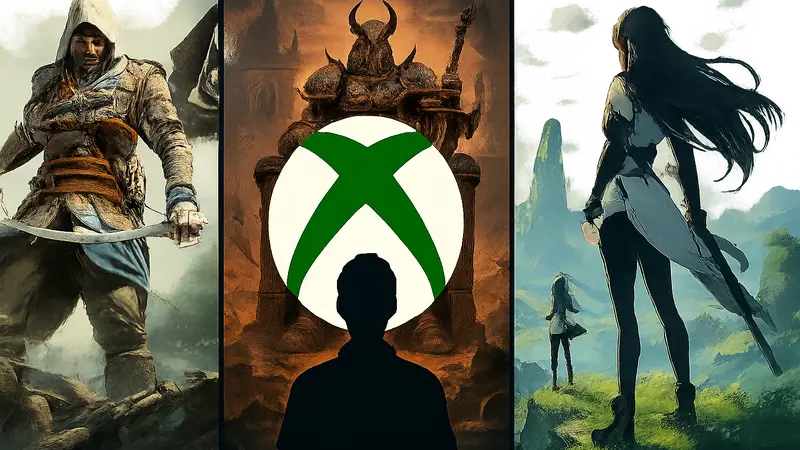 Логотип Xbox, коллаж из обложек игр Assassin's Creed Black Flag Resynced, DOOM: The Dark Ages - Revelations, Wuthering Waves