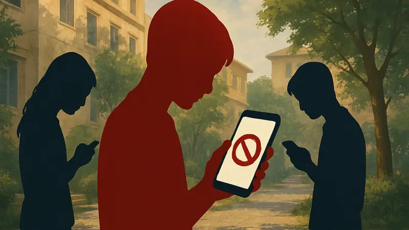 Изображение подростков, смотрящих в смартфоны, с символом запрета на экране, символизирующее ограничение использования соцсетей.