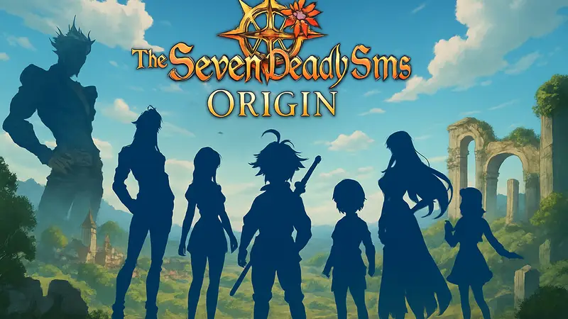 Логотип The Seven Deadly Sins: Origin на фоне персонажей аниме и игры.