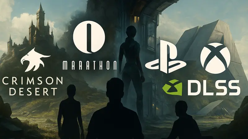Логотипы Crimson Desert, Marathon, PlayStation, Xbox и NVIDIA DLSS на фоне игровой тематики.