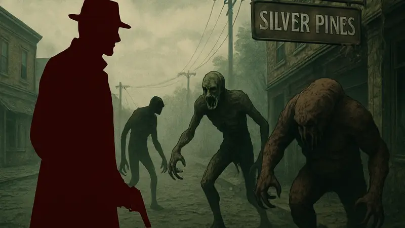 Скриншот из ротоскопической игры Silver Pines с детективом Редом Уокером и монстрами.