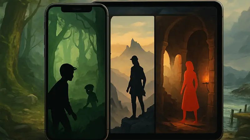 Изображение iPhone и iPad с различными приключенческими играми, демонстрирующими жанровое разнообразие.