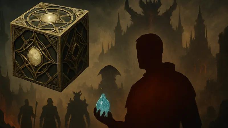 Иконка Хорадрического куба на фоне Diablo 4 Lord of Hatred, сильный билд с камнями